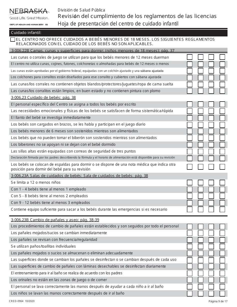 Formulario CRED-0964 Hoja De Presentacion Del Centro De Cuidado Infantil - Revision Del Cumplimiento De Los Reglamentos De Las Licencias - Nebraska (Spanish), Page 9