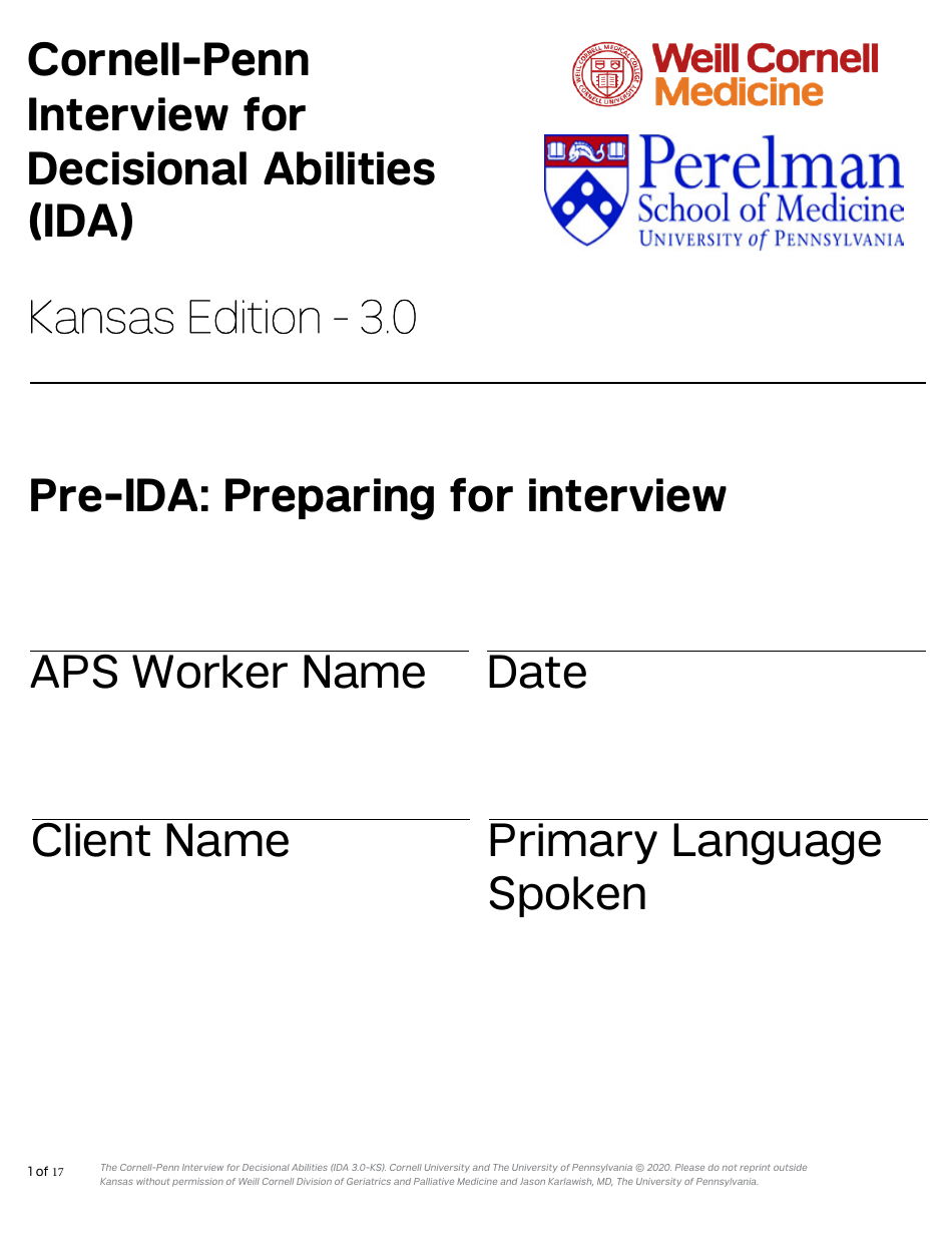 Form PPS10224B Cornell-Penn Interview for Decisional Abilities (Ida) - Kansas, Page 1