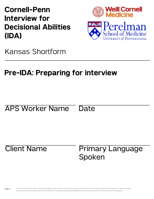 Form PPS10224D Cornell-Penn Interview for Decisional Abilities (Ida) - Shortform (28 Pt. Font) - Kansas