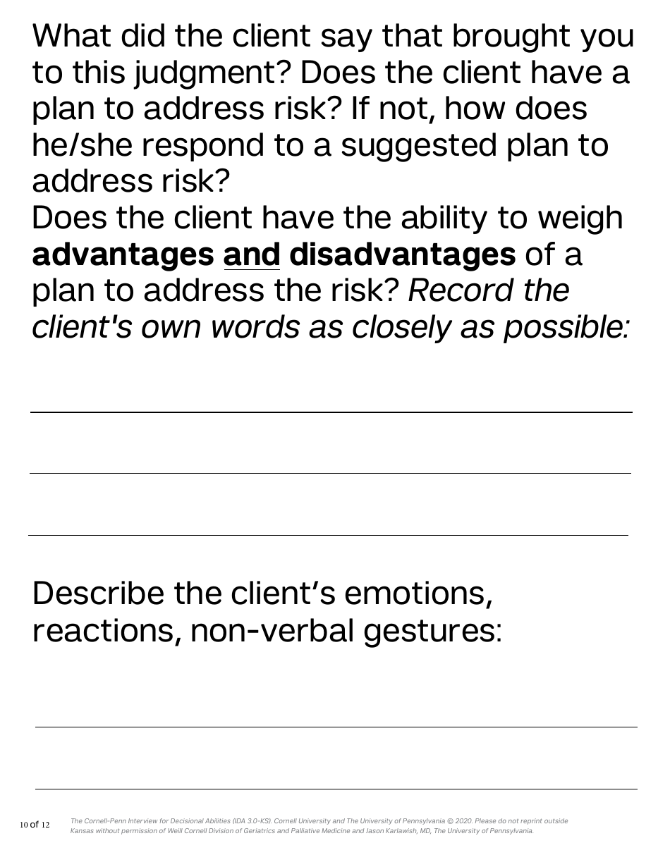Form PPS10224D Cornell-Penn Interview for Decisional Abilities (Ida) - Shortform (28 Pt. Font) - Kansas, Page 10