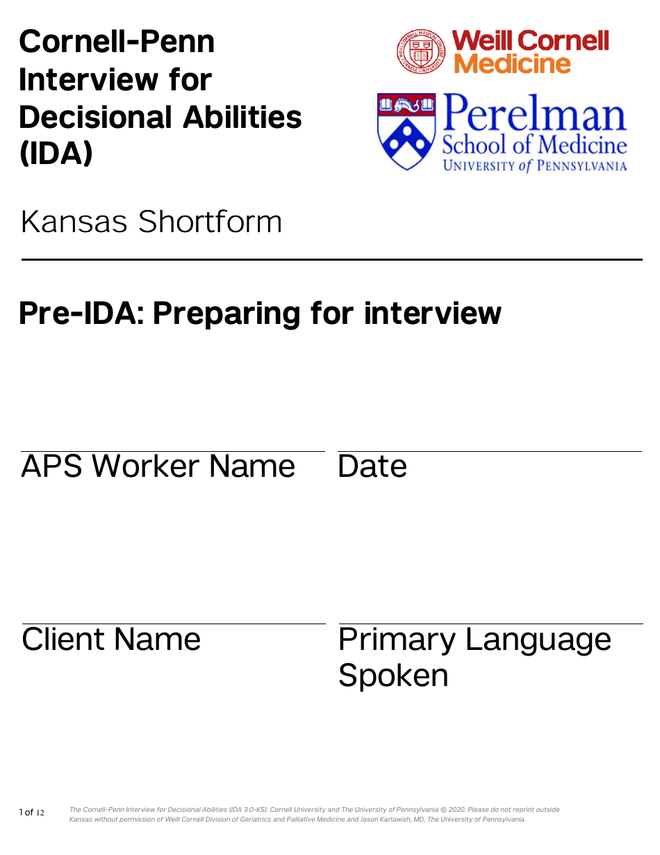 Form PPS10224D Cornell-Penn Interview for Decisional Abilities (Ida) - Shortform (28 Pt. Font) - Kansas, Page 1