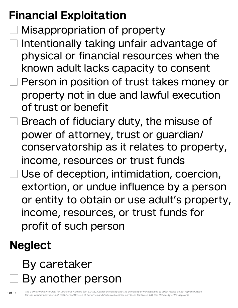 Form PPS10224D Cornell-Penn Interview for Decisional Abilities (Ida) - Shortform (28 Pt. Font) - Kansas, Page 3