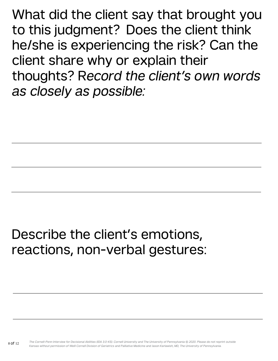 Form PPS10224D Cornell-Penn Interview for Decisional Abilities (Ida) - Shortform (28 Pt. Font) - Kansas, Page 8