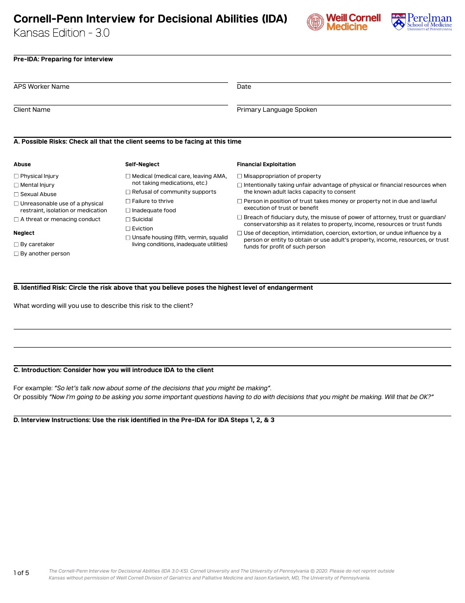 Form PPS10224A Cornell-Penn Interview for Decisional Abilities (Ida) - Kansas Edition - 3.0 - Kansas, Page 1