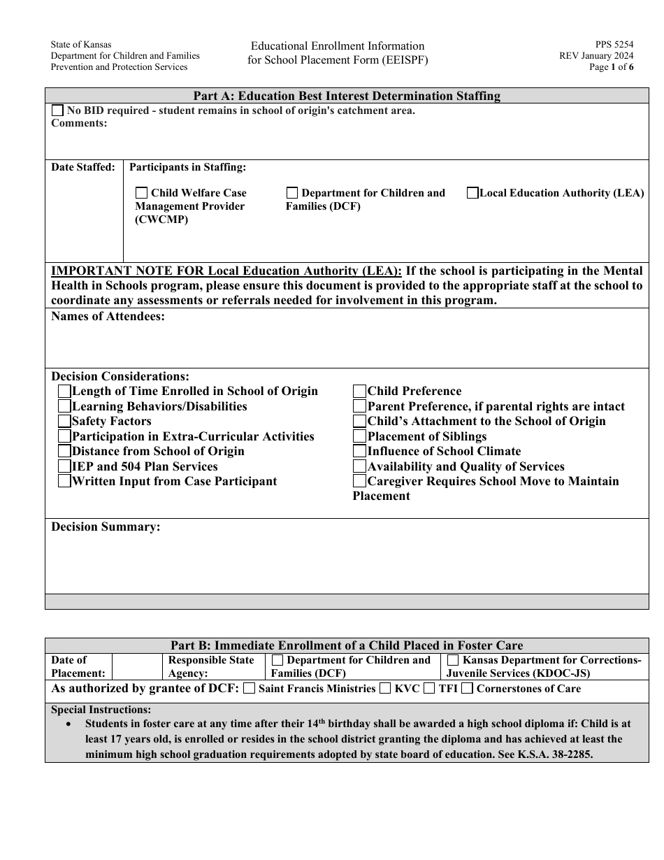 Form PPS5254 Educational Enrollment Information for School Placement Form (Eeispf) - Kansas, Page 1