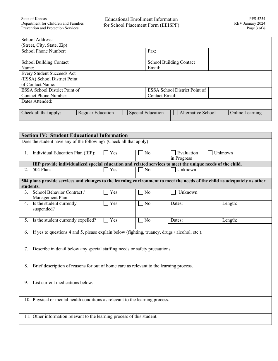 Form PPS5254 Educational Enrollment Information for School Placement Form (Eeispf) - Kansas, Page 3