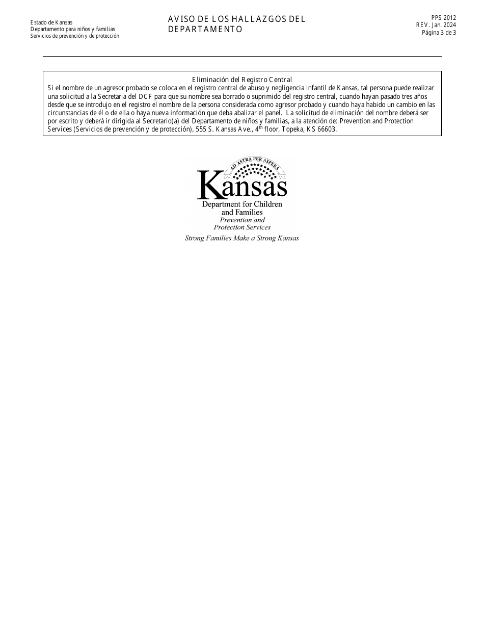 Formulario PPS2012 Aviso De Los Hallazgos Del Departamento - Kansas (Spanish), Page 3