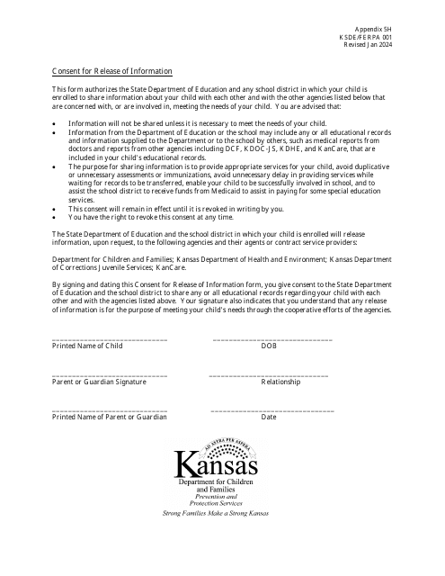 Form KSDE/FERPA001 Appendix 5H Consent for Release of Information - Kansas