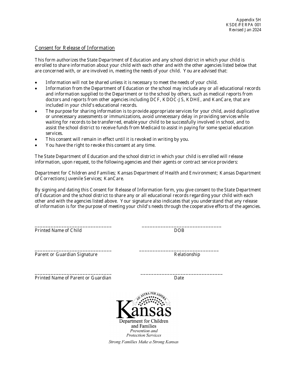 Form KSDE / FERPA001 Appendix 5H Consent for Release of Information - Kansas, Page 1