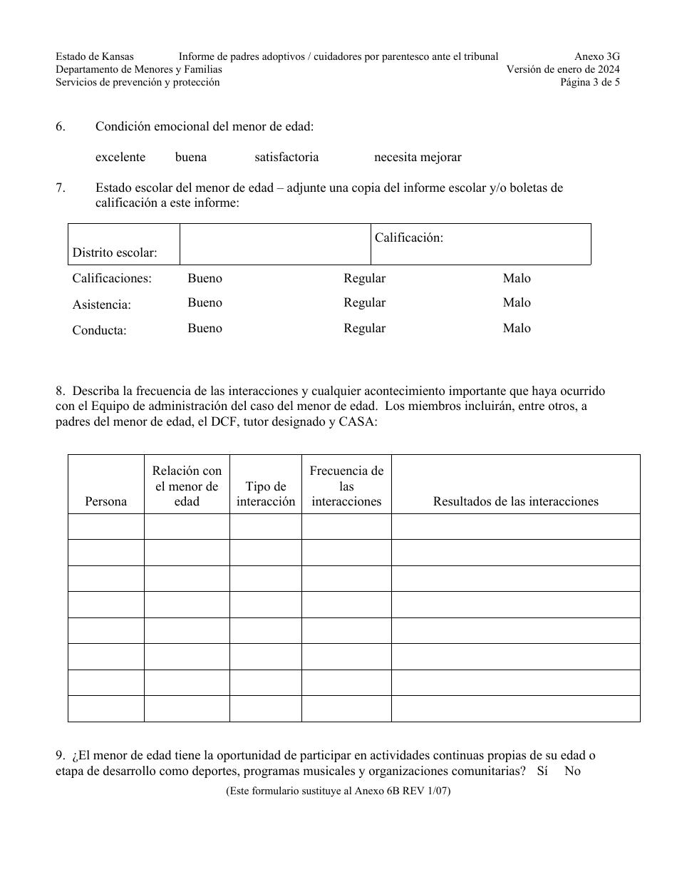 Apendice 3G Informe De Padres Adoptivos / Cuidadores Por Parentesco Ante El Tribunal - Kansas (Spanish), Page 3