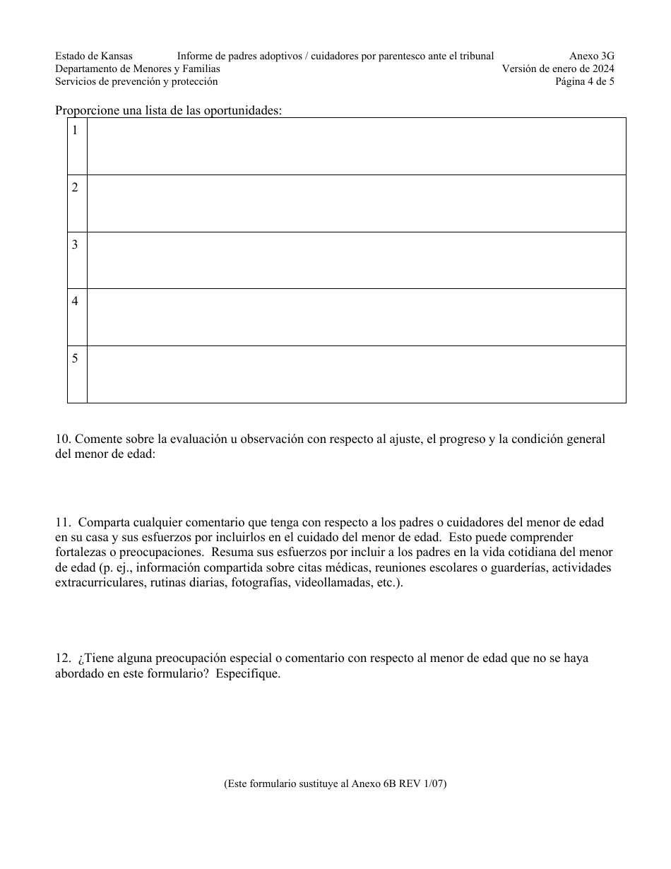 Apendice 3G Informe De Padres Adoptivos / Cuidadores Por Parentesco Ante El Tribunal - Kansas (Spanish), Page 4