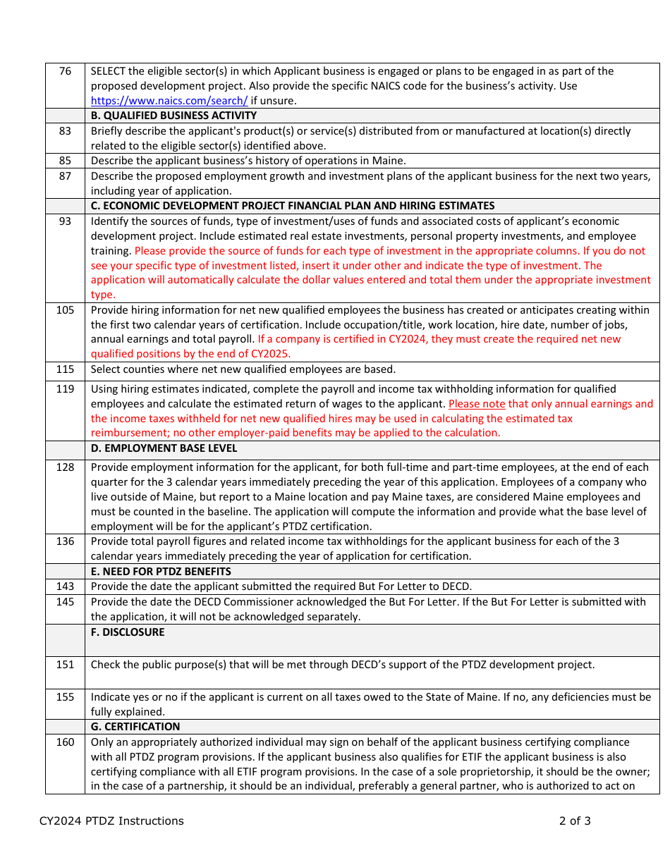 Instructions for Business Certification Application - Pine Tree Development Zone (Ptdz) Program - Maine, Page 2