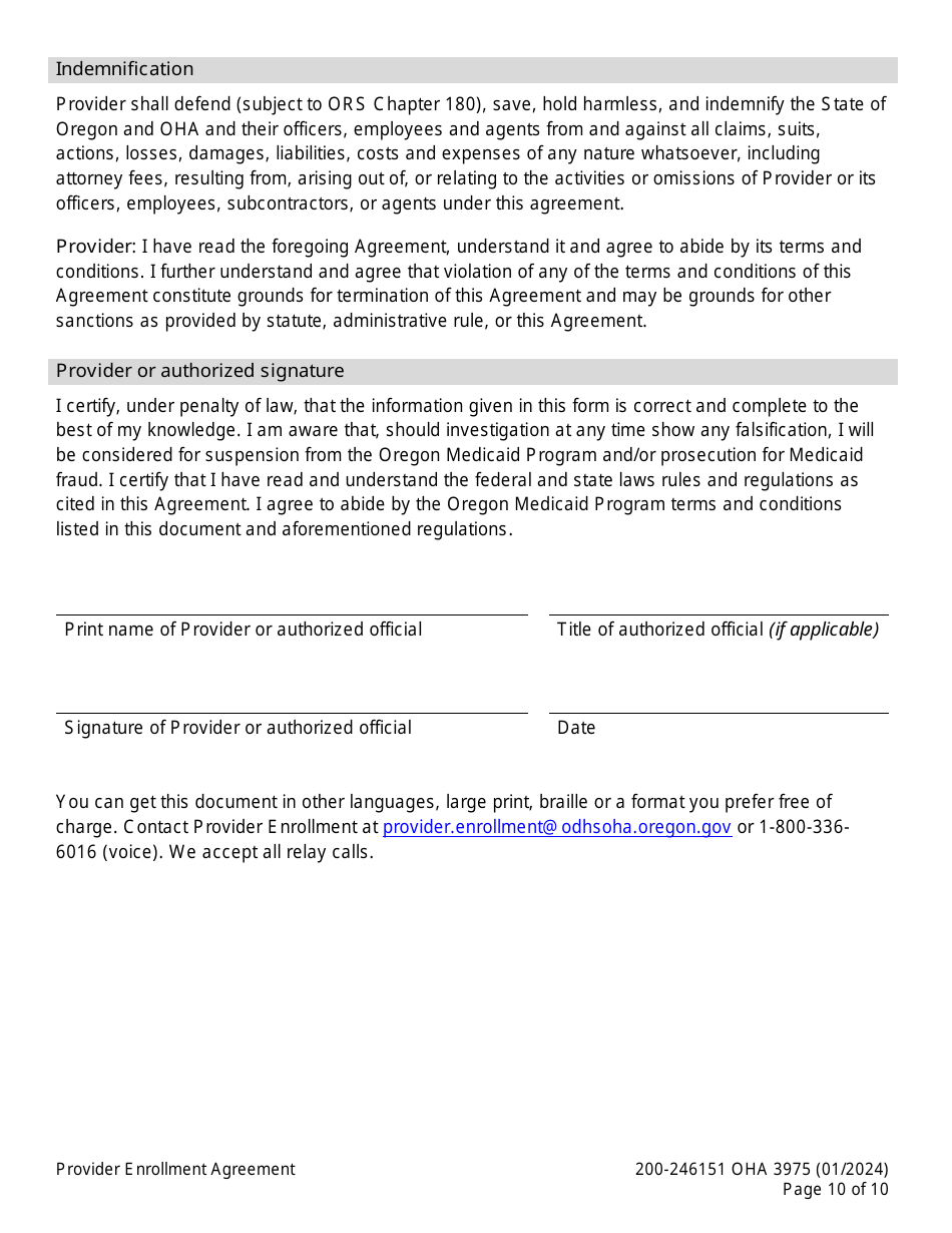 Form OHA3975 Provider Enrollment Agreement - Oregon, Page 10