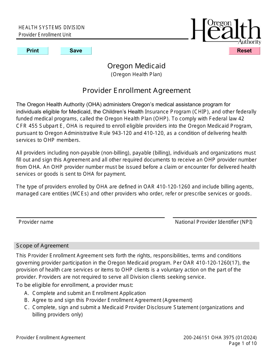 Form OHA3975 Provider Enrollment Agreement - Oregon, Page 1