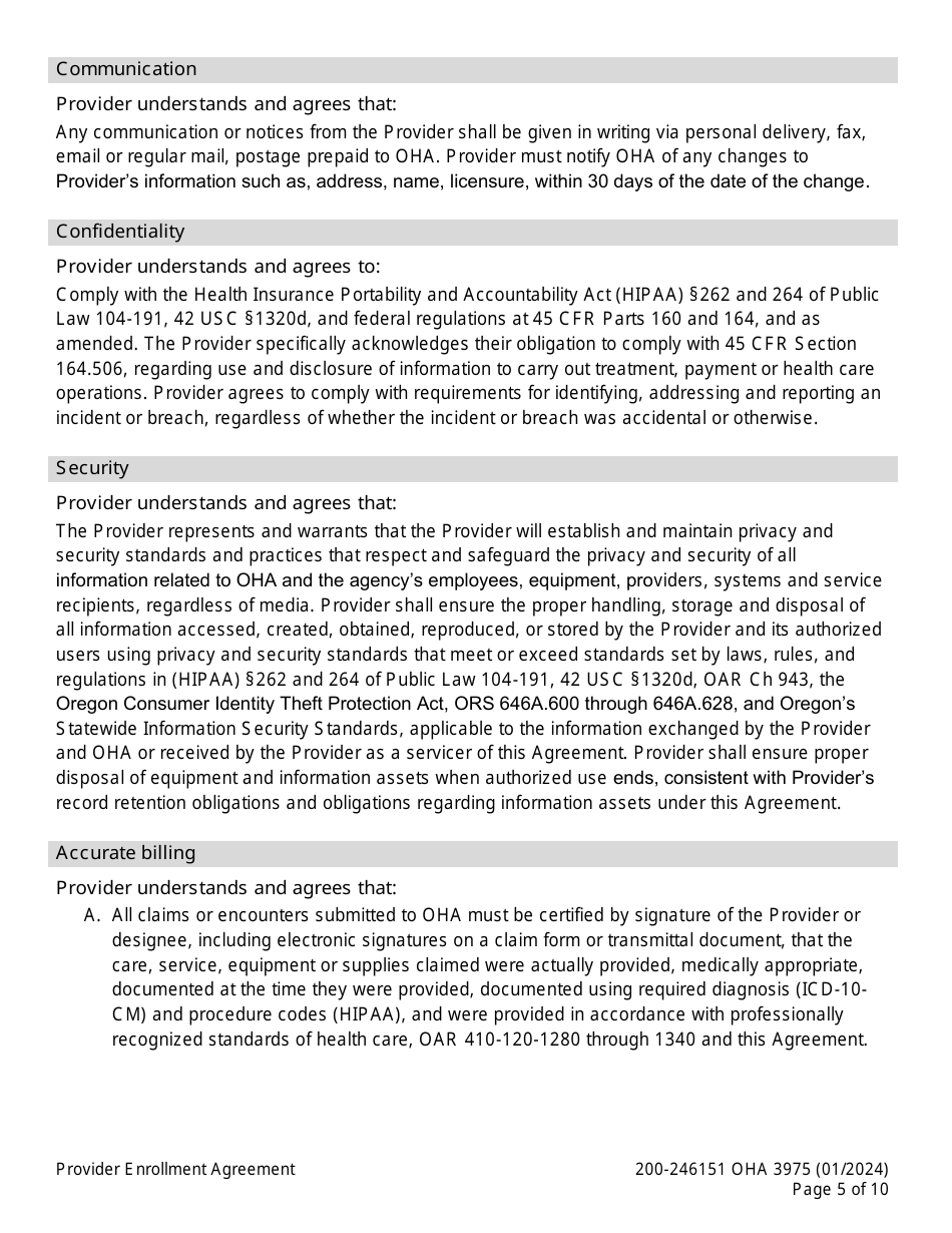 Form OHA3975 Provider Enrollment Agreement - Oregon, Page 5