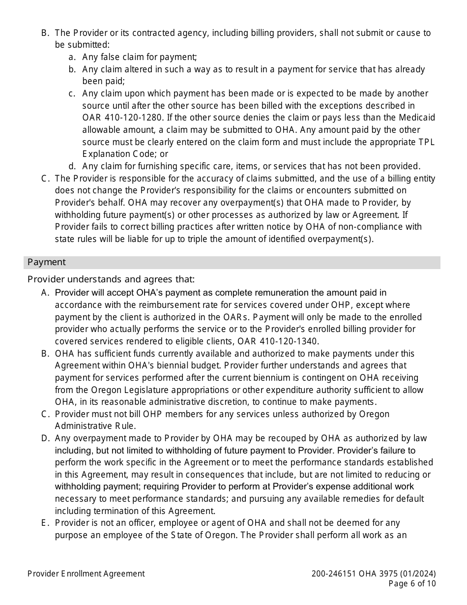 Form OHA3975 Provider Enrollment Agreement - Oregon, Page 6