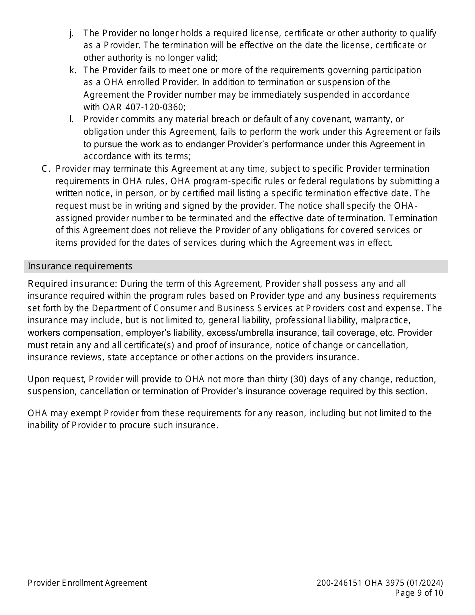 Form OHA3975 Provider Enrollment Agreement - Oregon, Page 9