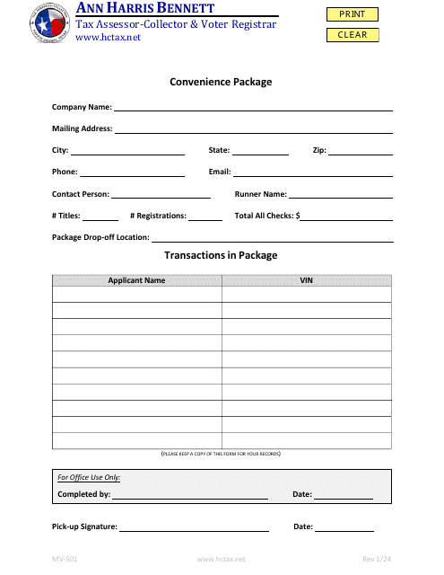 Form MV-501 Convenience Packages - Harris County, Texas