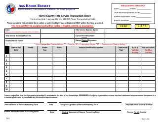 Document preview: Form TS-5 Harris County Title Service Transaction Sheet - Harris County, Texas