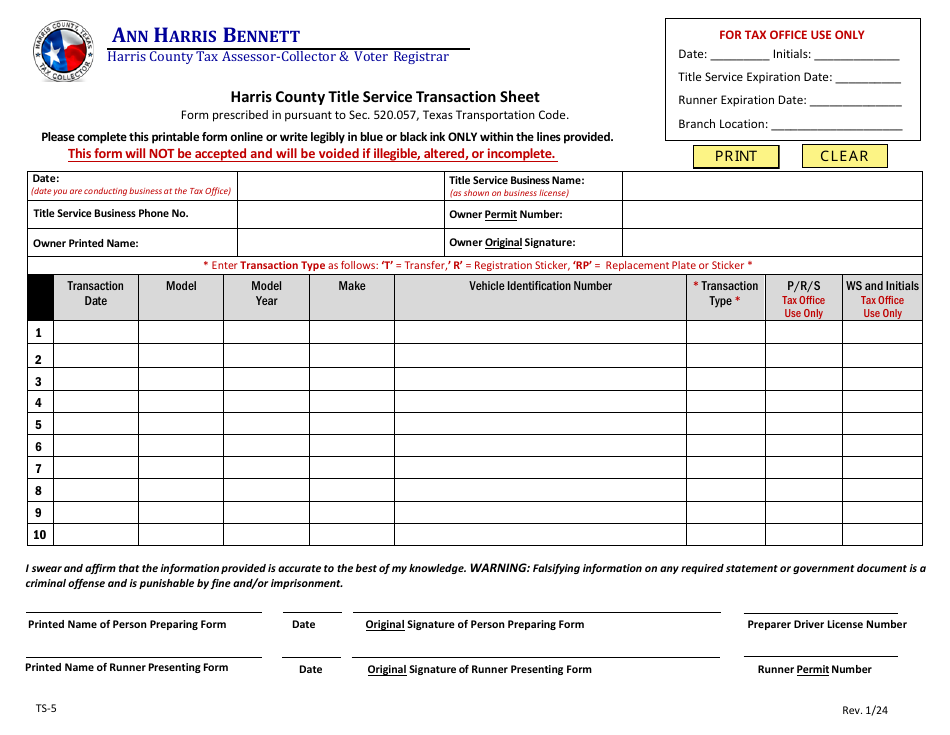 Form TS5 Download Fillable PDF or Fill Online Harris County Title