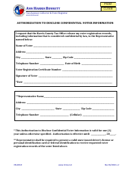 Document preview: Form VR-ADCVI Authorization to Disclose Confidential Voter Information - Harris County, Texas