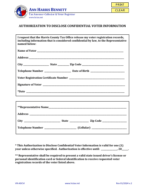 Form VR-ADCVI Authorization to Disclose Confidential Voter Information - Harris County, Texas
