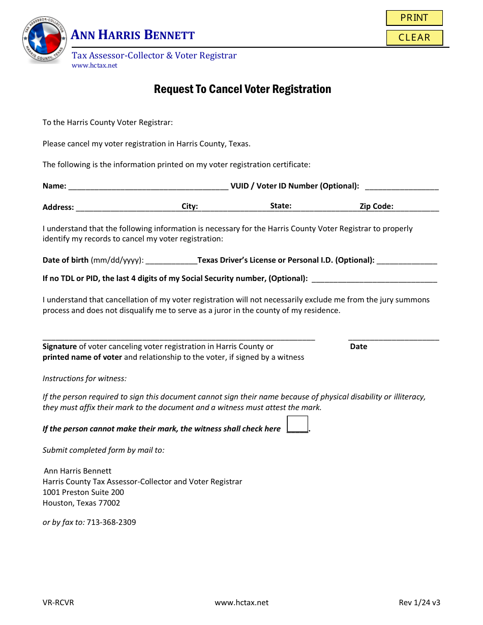 Form VR-RCVR Request to Cancel Voter Registration - Harris County, Texas, Page 1