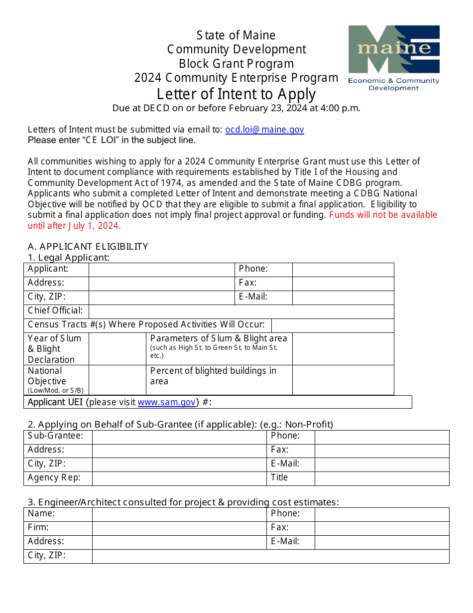 Letter of Intent to Apply - Community Enterprise Program - Maine, Page 1