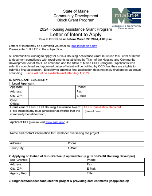 Letter of Intent to Apply - Housing Assistance Grant Program - Maine, 2024