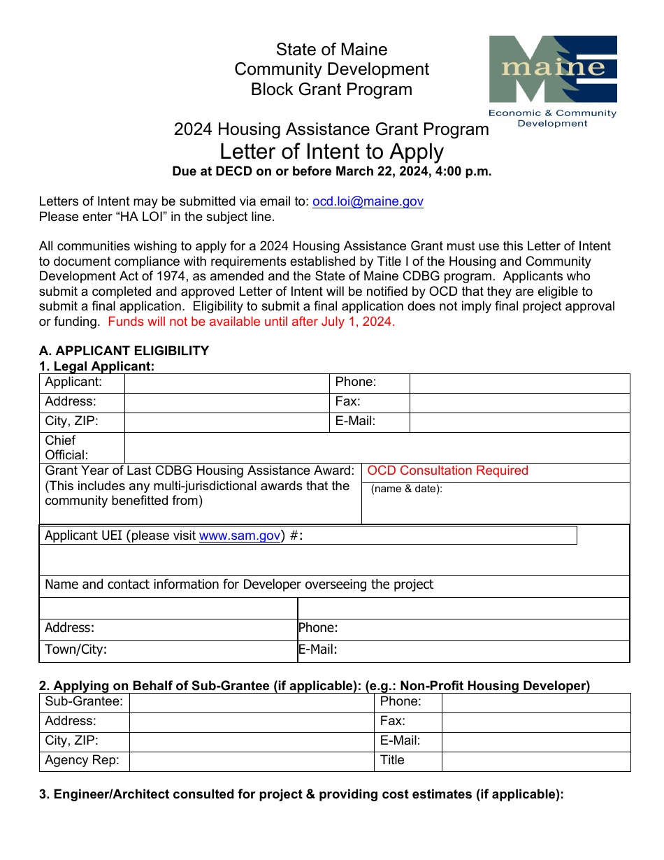 Letter of Intent to Apply - Housing Assistance Grant Program - Maine, Page 1
