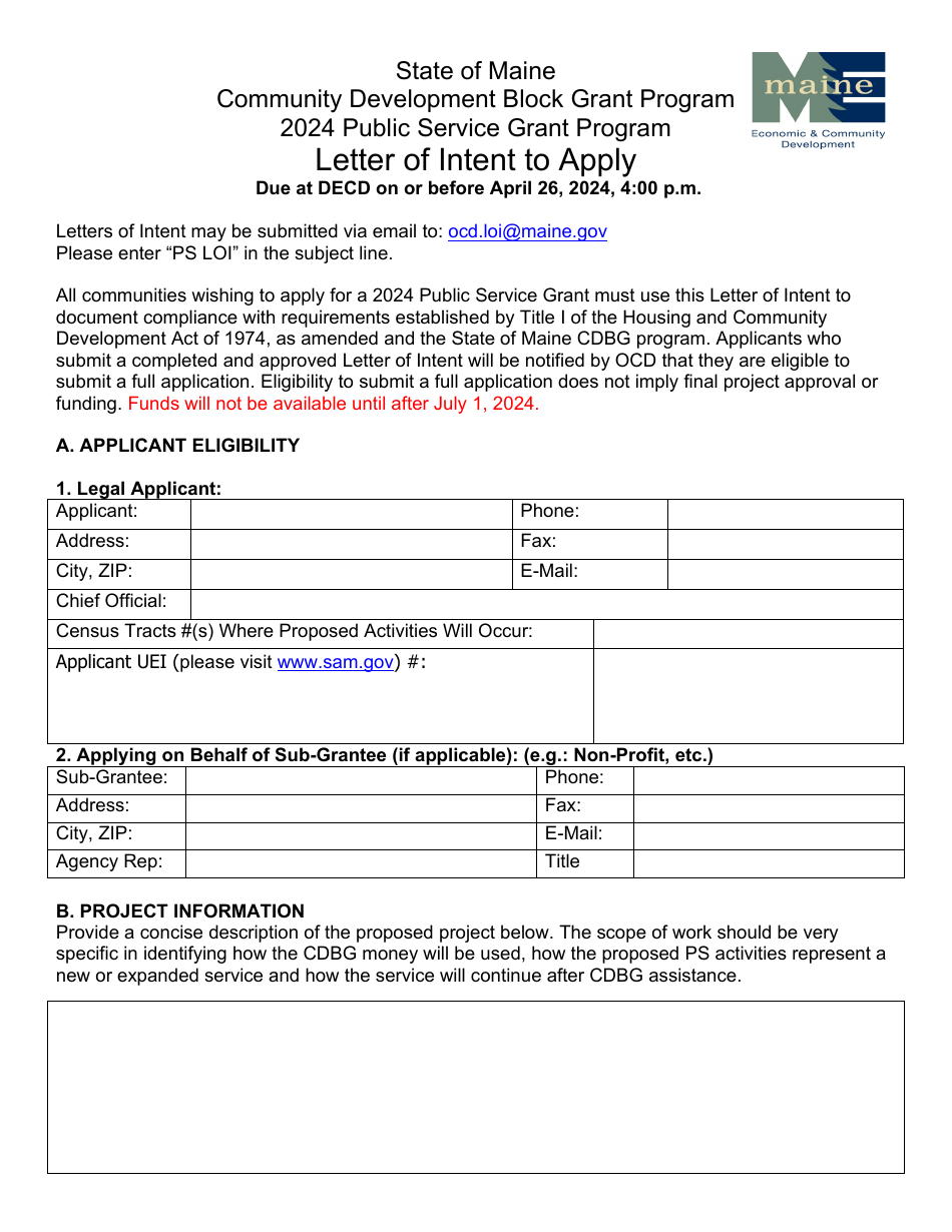 Letter of Intent to Apply - Public Service Grant Program - Maine, Page 1