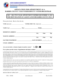 Document preview: Application for Appointment as a Harris County Volunteer Deputy Voter Registrar - Harris County, Texas, 2024