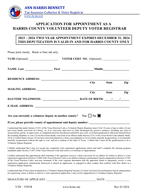 Application for Appointment as a Harris County Volunteer Deputy Voter Registrar - Harris County, Texas Download Pdf