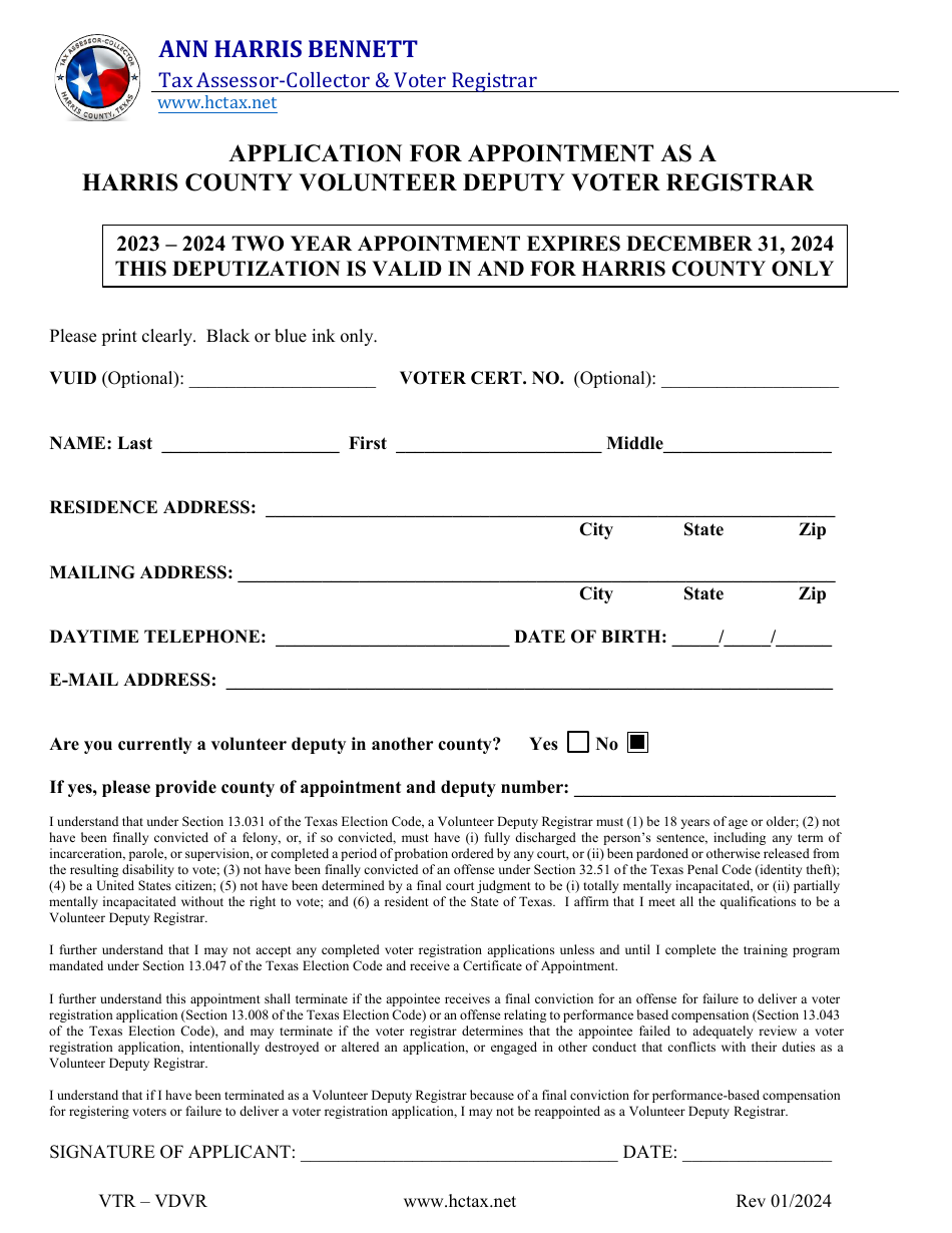 Application for Appointment as a Harris County Volunteer Deputy Voter Registrar - Harris County, Texas, Page 1
