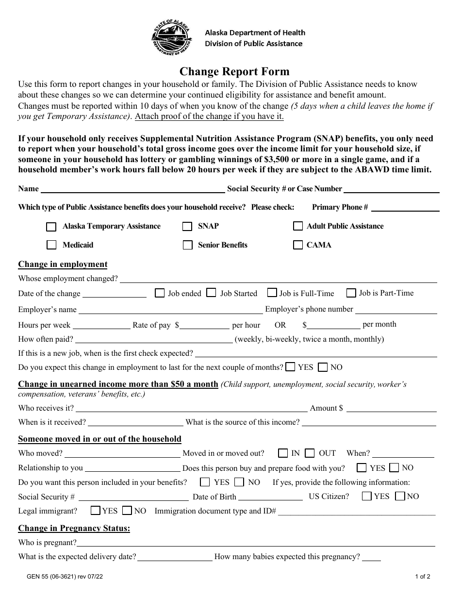 Form GEN55 (06-3621) Change Report Form - Alaska, Page 1