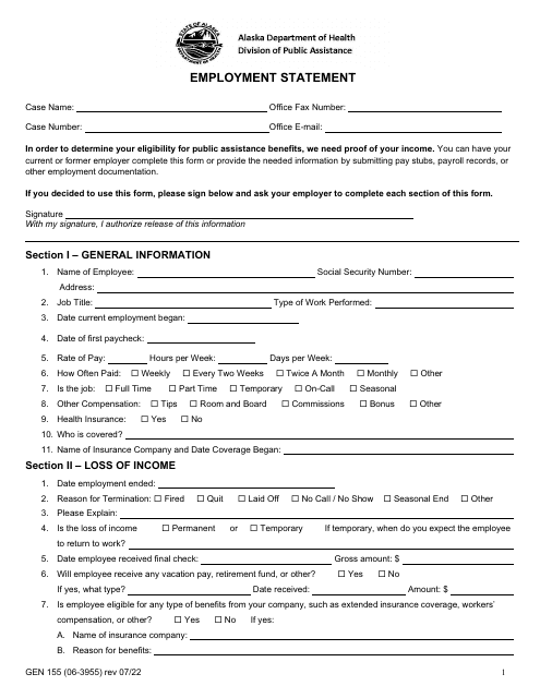 Form GEN155 (06-3955) Employment Statement - Alaska