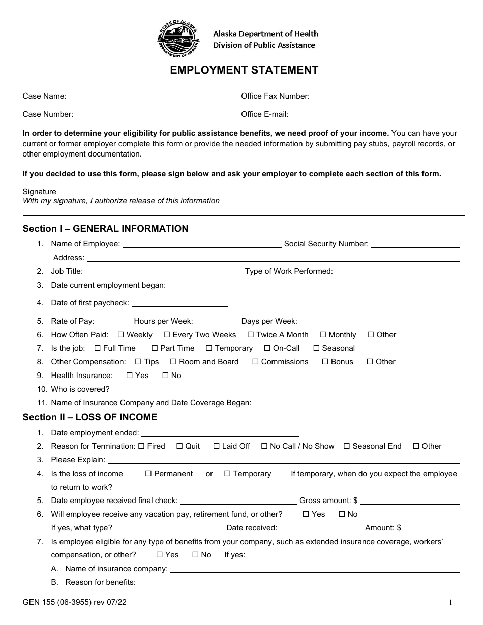 Form GEN155 (06-3955) Employment Statement - Alaska, Page 1