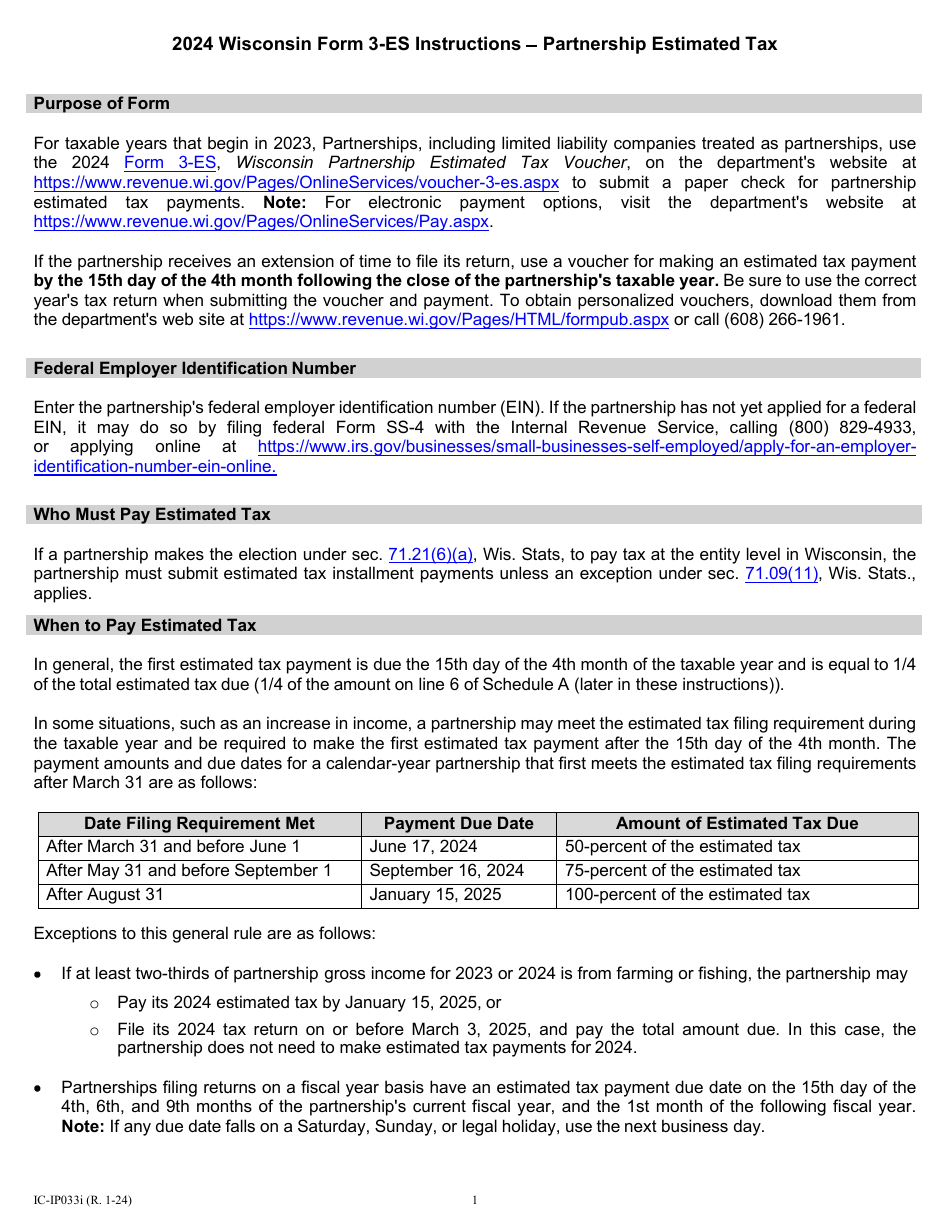 Instructions for Form 3-ES Wisconsin Partnership Estimated Tax Payment Voucher - Wisconsin, Page 1