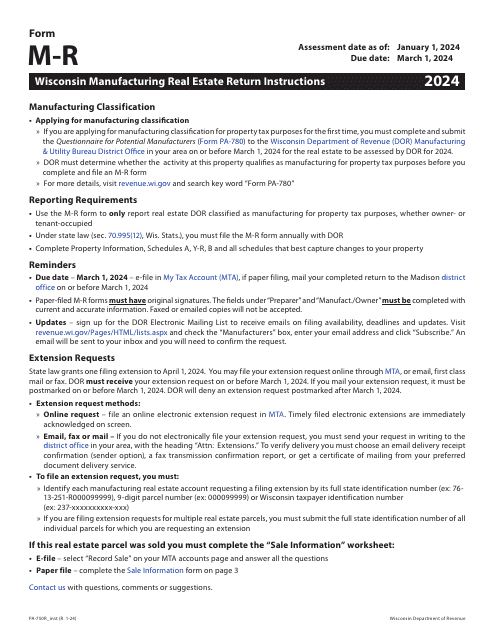 Instructions for Form M-R, PA-750R Wisconsin Manufacturing Real Estate Return - Wisconsin, 2024