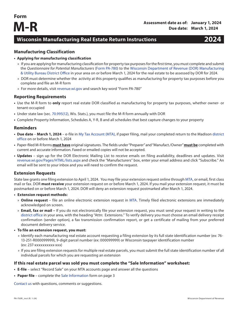 Instructions for Form M-R, PA-750R Wisconsin Manufacturing Real Estate Return - Wisconsin, Page 1