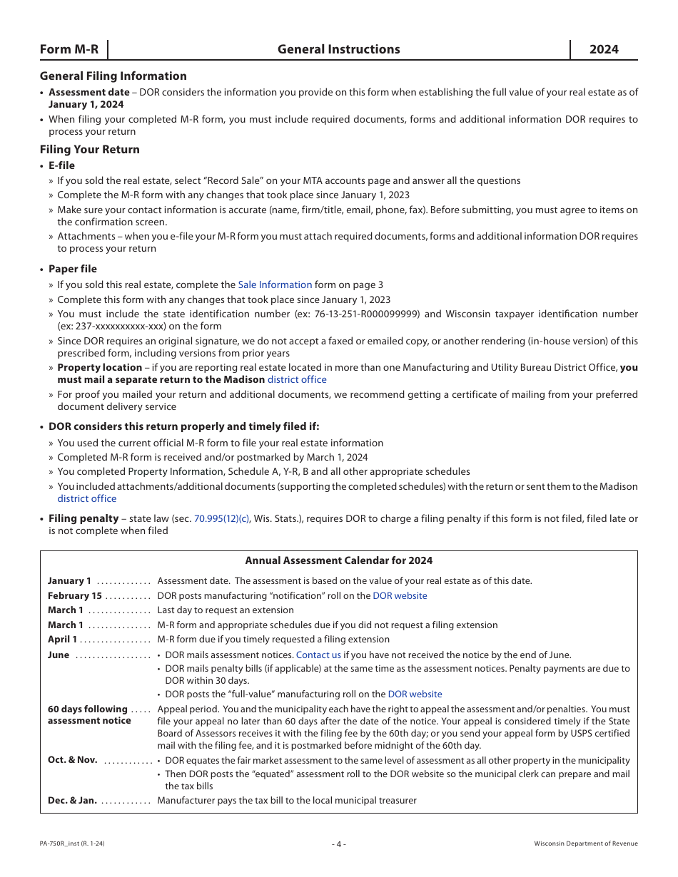 Instructions for Form M-R, PA-750R Wisconsin Manufacturing Real Estate Return - Wisconsin, Page 4