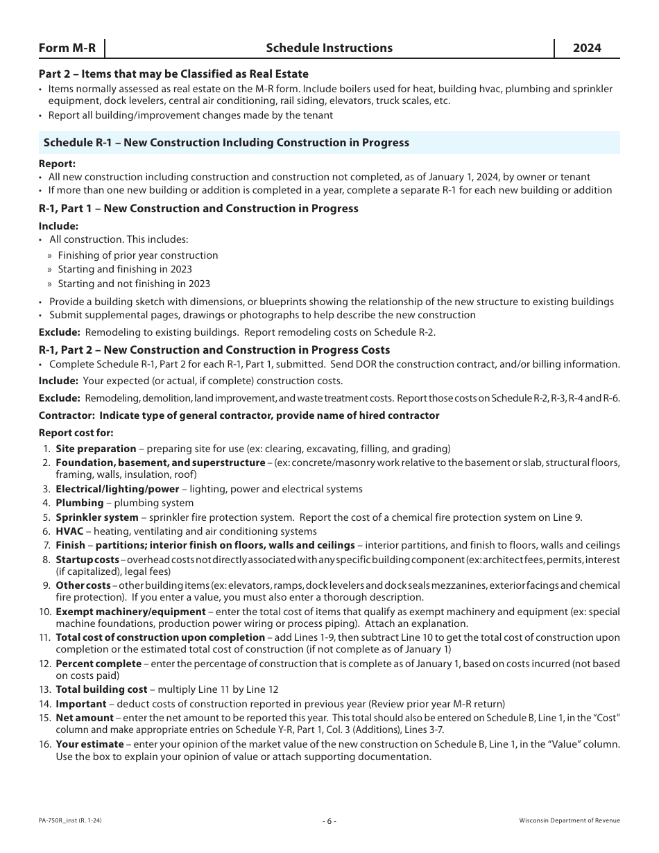 Instructions for Form M-R, PA-750R Wisconsin Manufacturing Real Estate Return - Wisconsin, Page 6