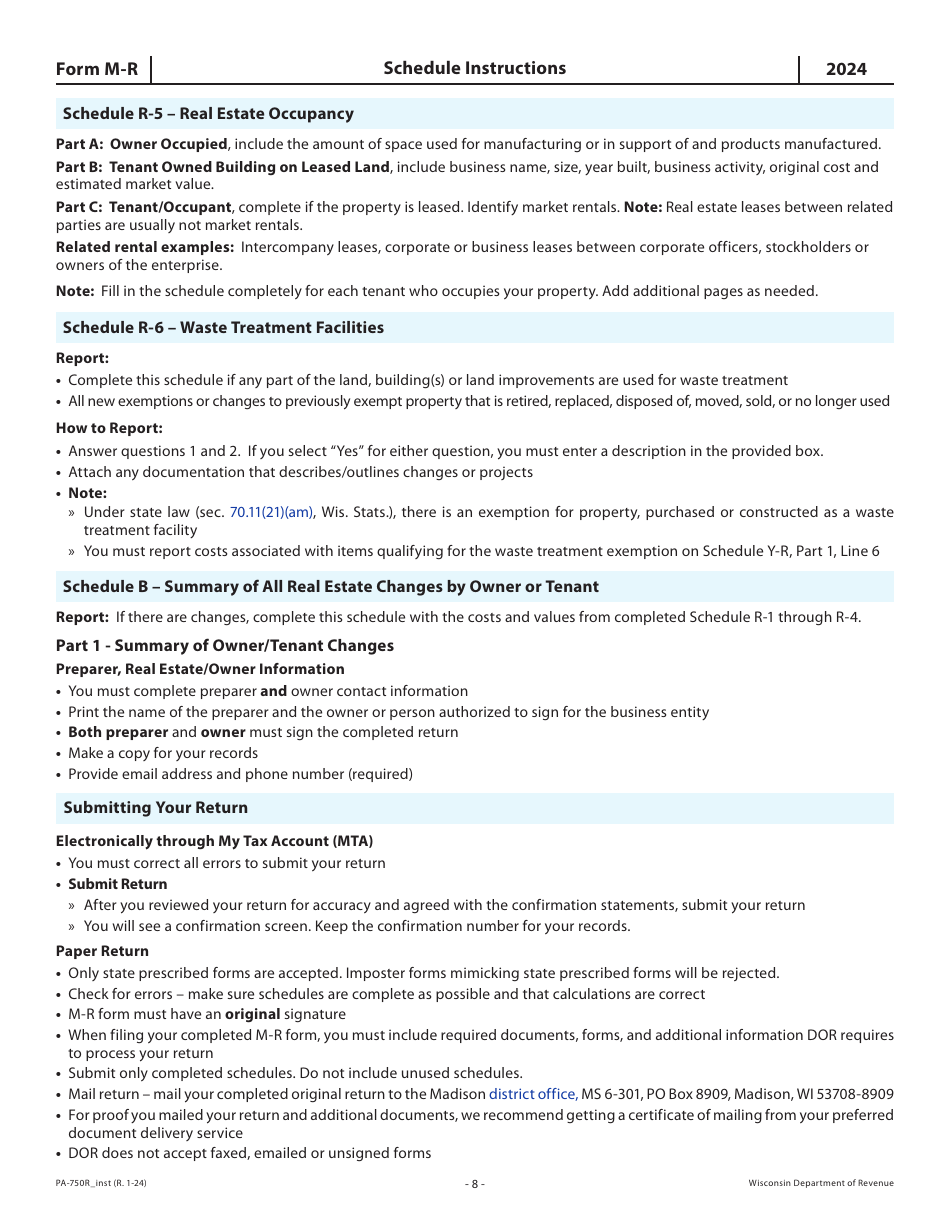 Instructions for Form M-R, PA-750R Wisconsin Manufacturing Real Estate Return - Wisconsin, Page 8