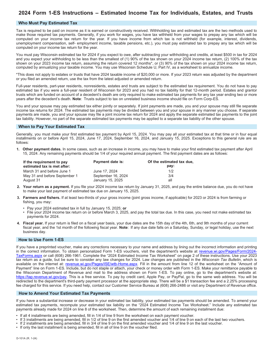 Instructions for Form 1-ES Estimated Income Tax Voucher - Wisconsin, Page 1
