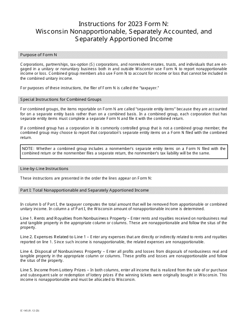 Instructions for Form N, IC-045 Wisconsin Nonapportionable, Separately Accounted, and Separately Apportioned Income - Wisconsin, 2023