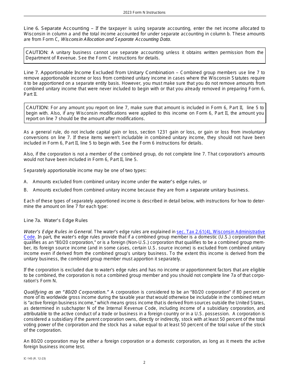 Instructions for Form N, IC-045 Wisconsin Nonapportionable, Separately Accounted, and Separately Apportioned Income - Wisconsin, Page 2