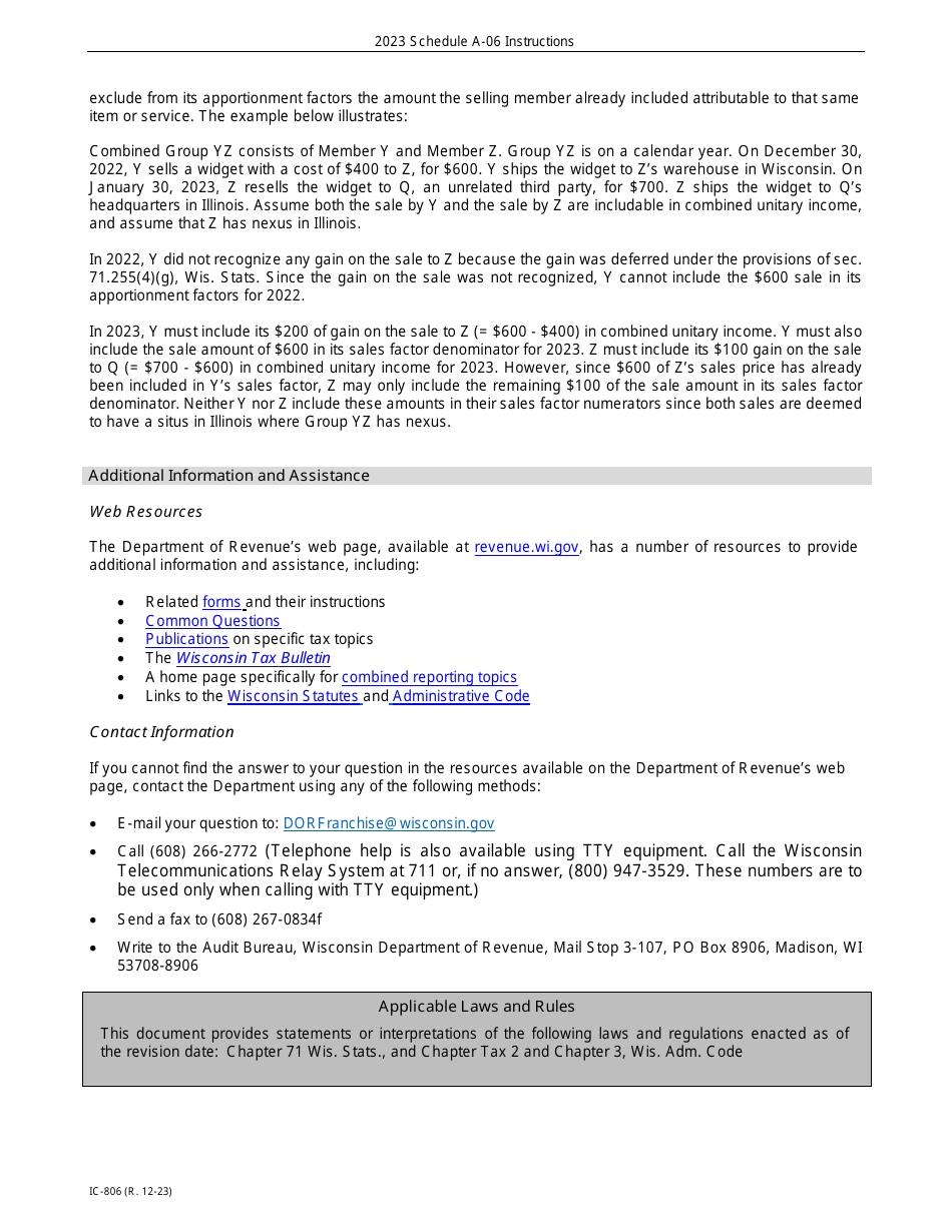 Instructions for Form IC-304 Schedule A-06 Wisconsin Receipts Factor for Interstate Brokers-Dealers, Investment Advisors, Investment Companies, and Underwriters - Wisconsin, Page 6