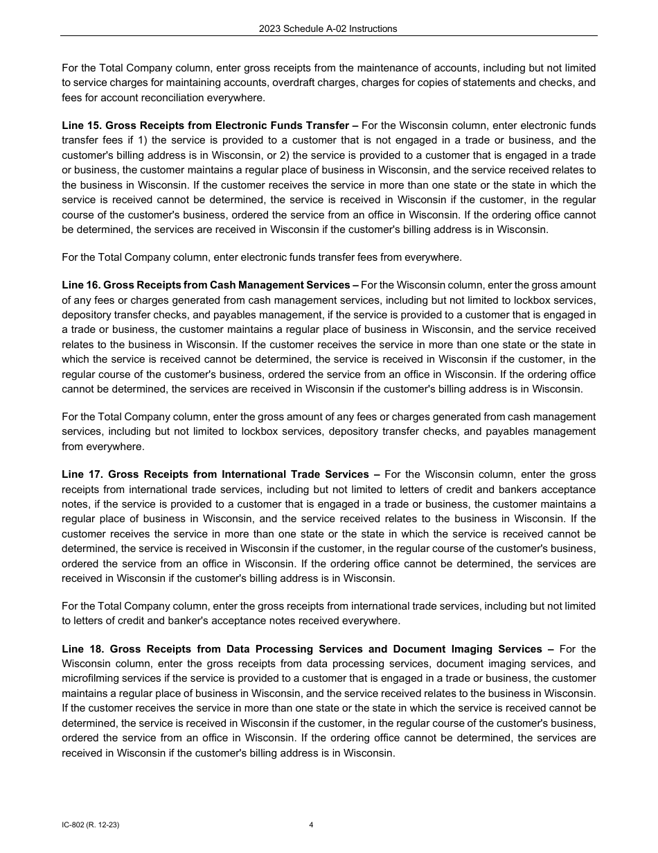 Instructions for Form IC-300 Schedule A-02 Wisconsin Apportionment Percentage for Interstate Financial Institutions - Wisconsin, Page 4
