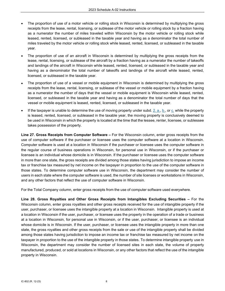 Instructions for Form IC-300 Schedule A-02 Wisconsin Apportionment Percentage for Interstate Financial Institutions - Wisconsin, Page 8