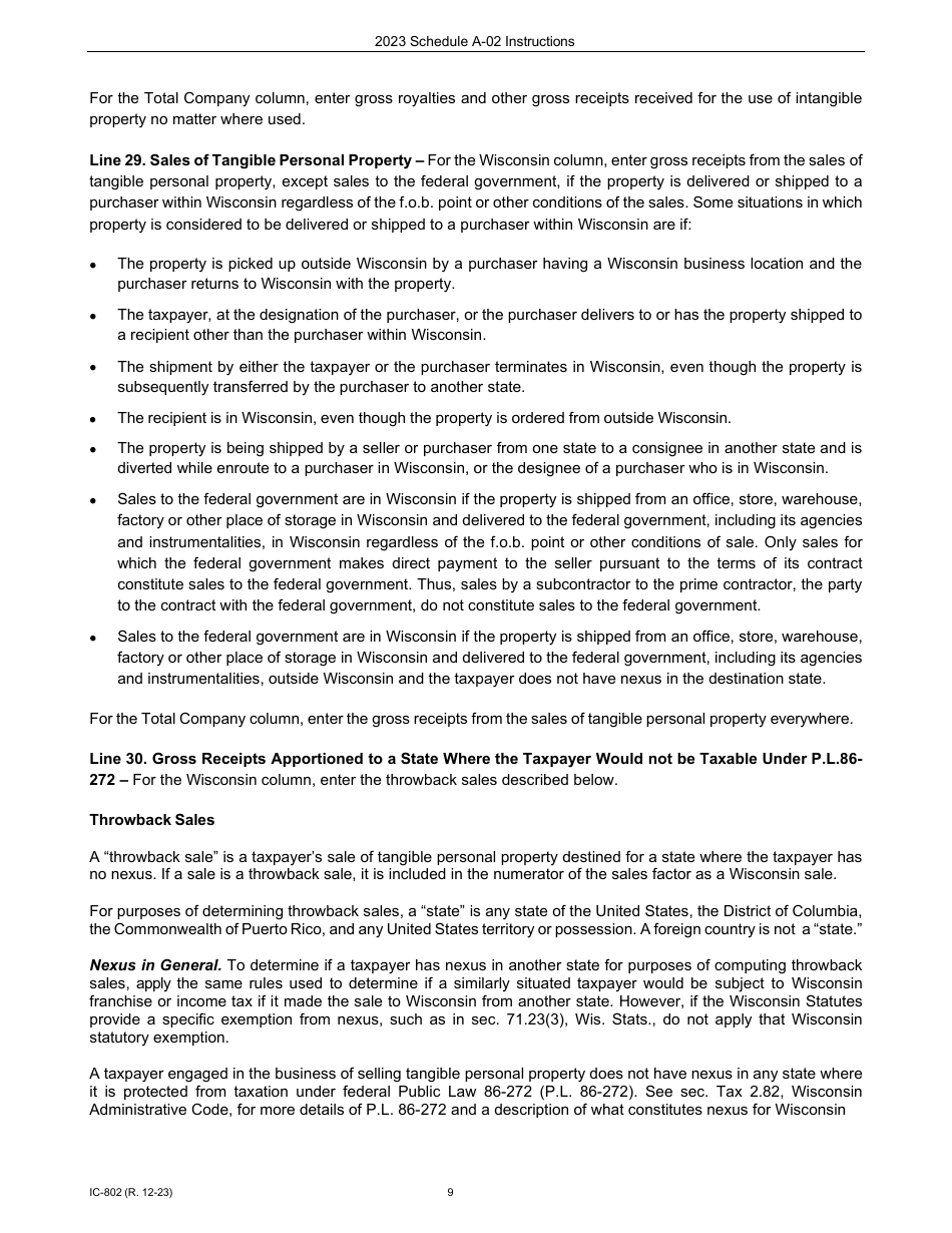 Instructions for Form IC-300 Schedule A-02 Wisconsin Apportionment Percentage for Interstate Financial Institutions - Wisconsin, Page 9